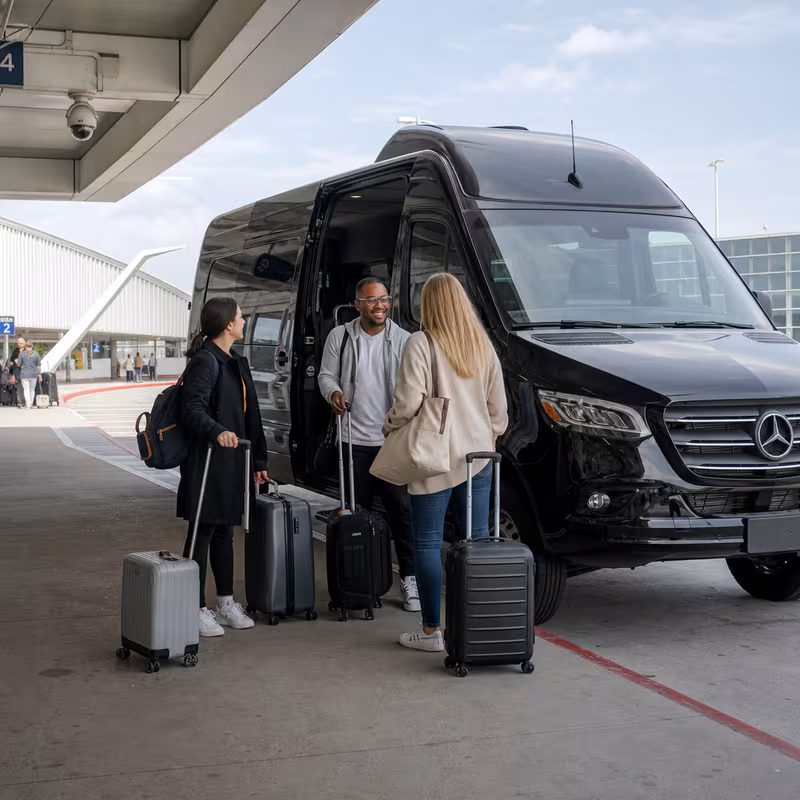Group boarding a white charter bus for Airport Transportation transportation in Fort Worth