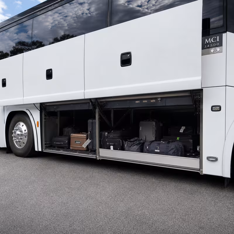 Party bus interior with wraparound leather seating and LED lighting in Fort Worth