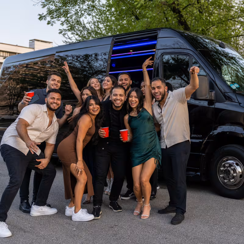 Group boarding a white charter bus for Birthday Transportation transportation in Fort Worth