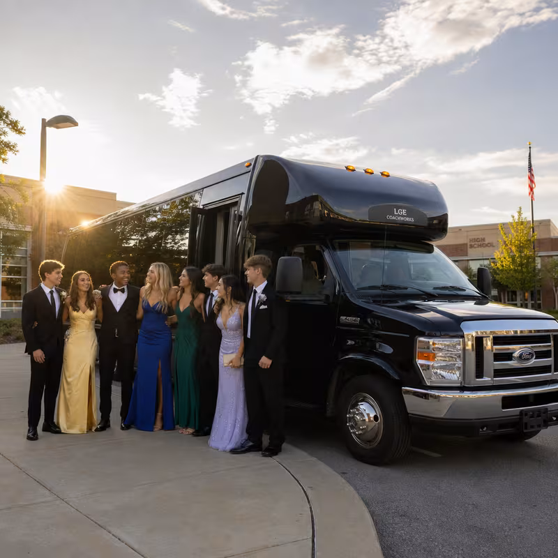 Group boarding a white charter bus for Prom & Homecoming Transportation transportation in Fort Worth