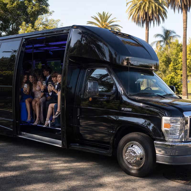 Black Mercedes Sprinter van staged for an Fort Worth Prom & Homecoming Transportation group