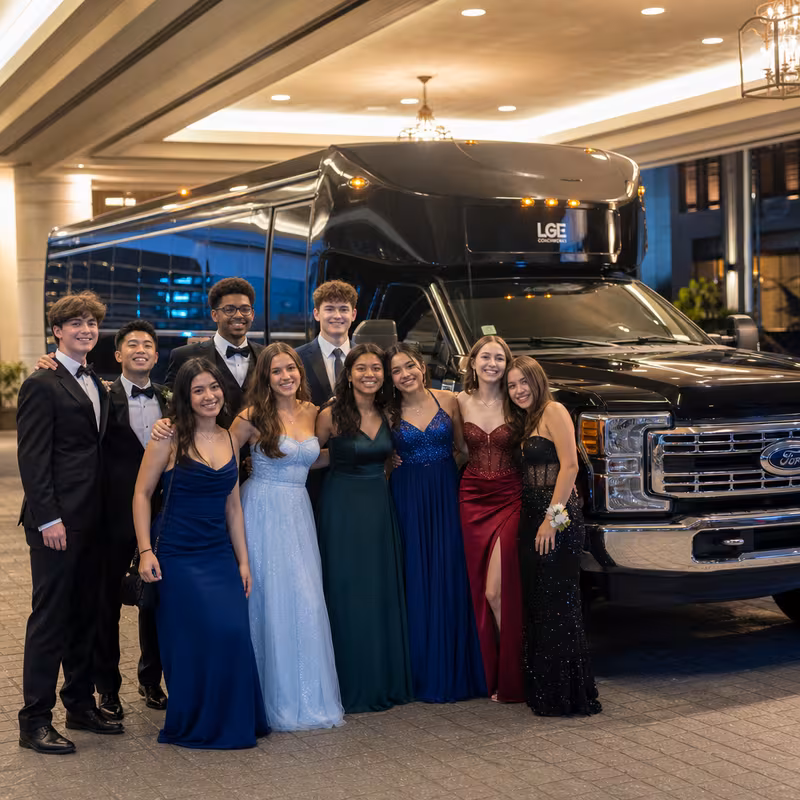 Party bus interior with wraparound leather seating and LED lighting in Fort Worth