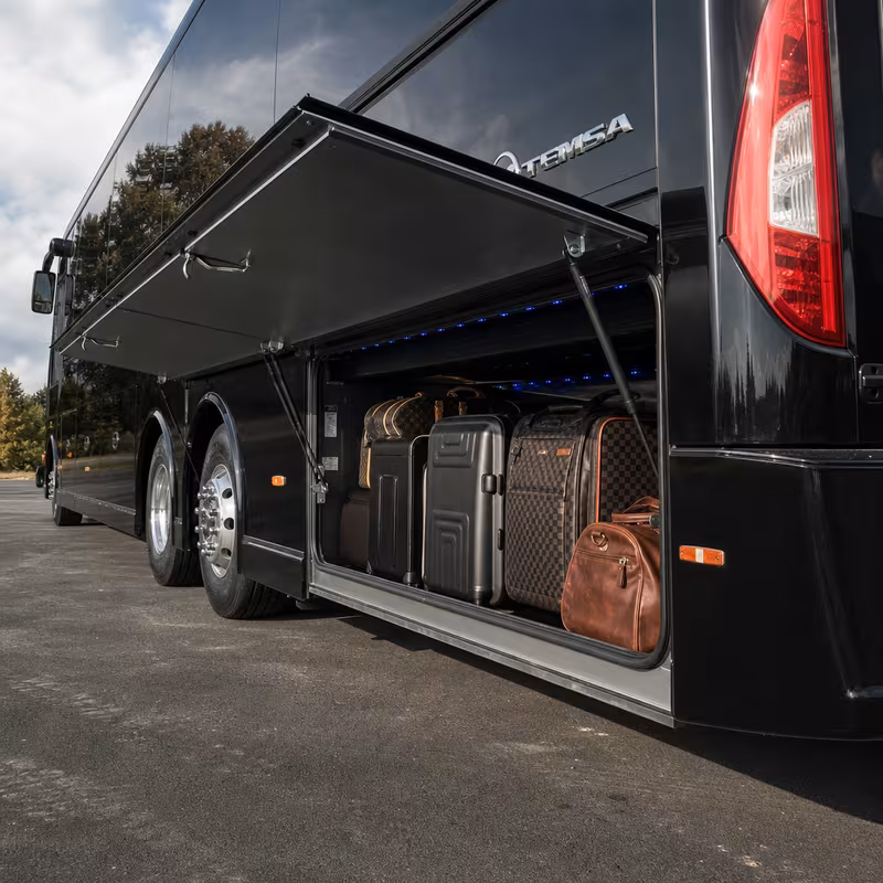 Party bus interior with wraparound leather seating and LED lighting in Fort Worth