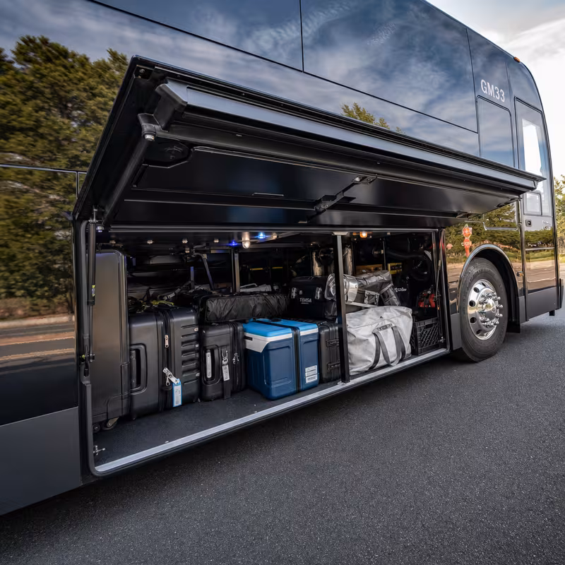 Party bus interior with wraparound leather seating and LED lighting in Fort Worth